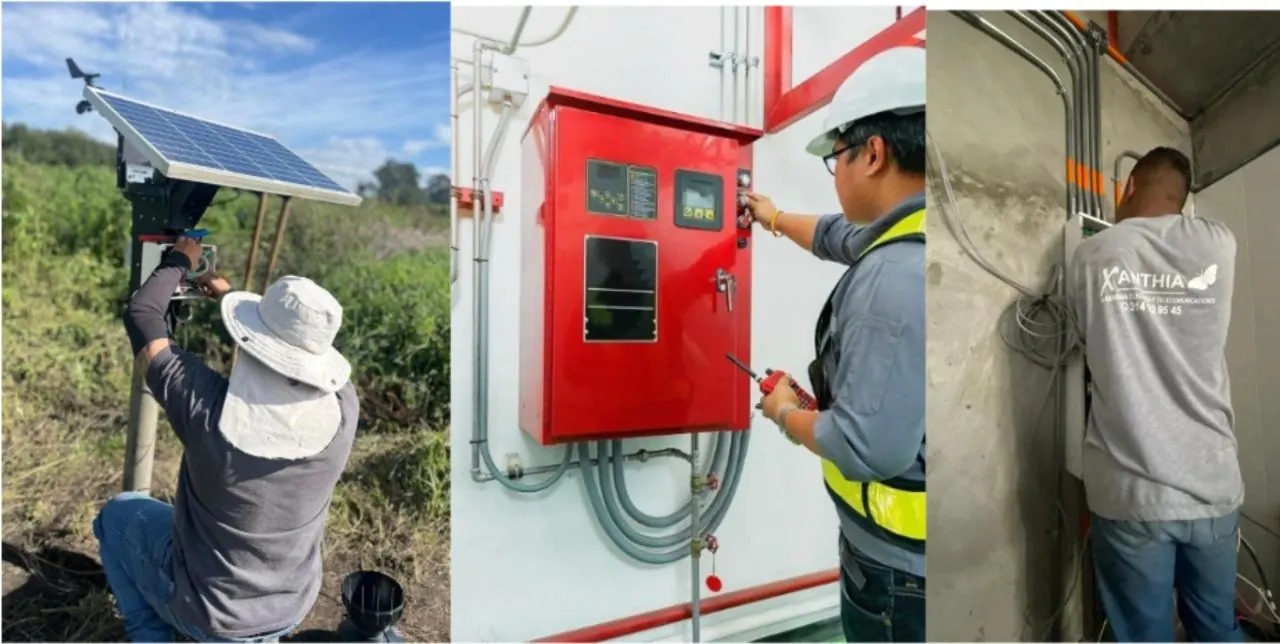 Técnicos de Xanthia trabajando en instalaciones eléctricas y de telecomunicaciones en campo